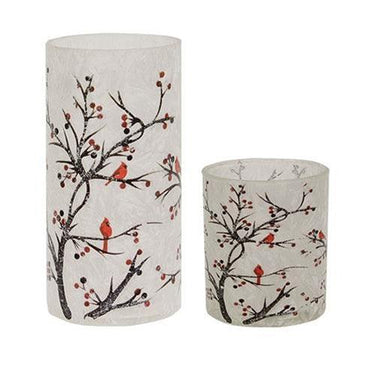 2 Set Frosted Winter Cardinals on Branches Pillar Jars - The Fox Decor